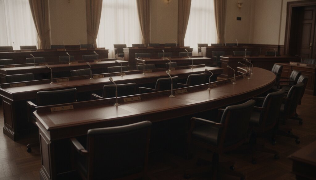 Lege formele hoorzittingszaal met houten tafels en microfoons, verwijzend naar politiek toezicht op AI