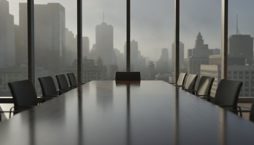 Lege moderne vergaderzaal met lange tafel bij hoge ramen in ochtendlicht