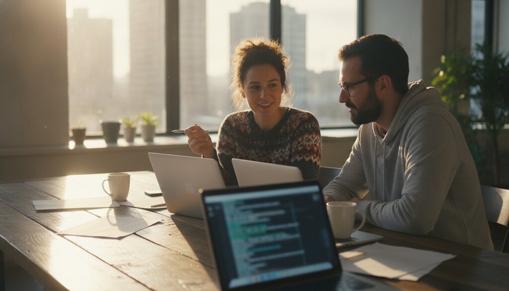 Twee ontwikkelaars bespreken samen code tijdens een codereview