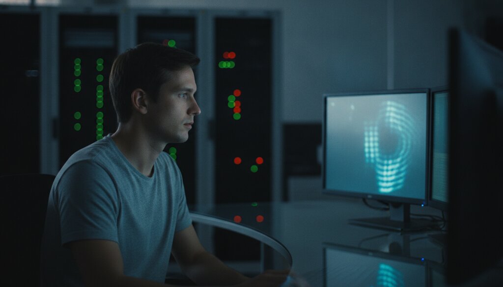 Technicus kijkt naar monitoren in een schemerige serverruimte