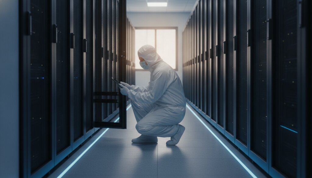 Technicus inspecteert serverracks in een afgesloten testomgeving