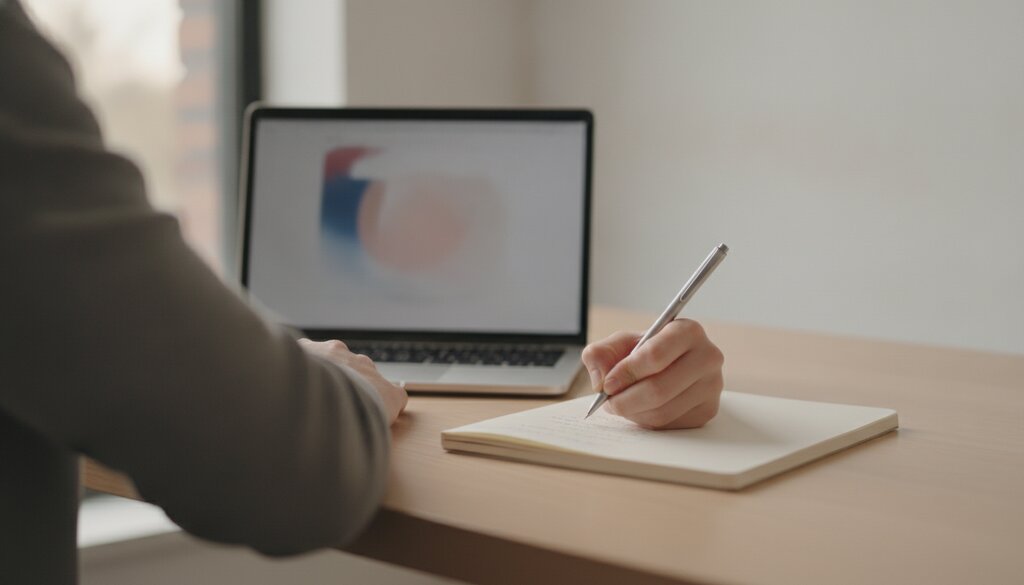 Onderzoeker maakt aantekeningen naast een laptop in een lichte werkruimte