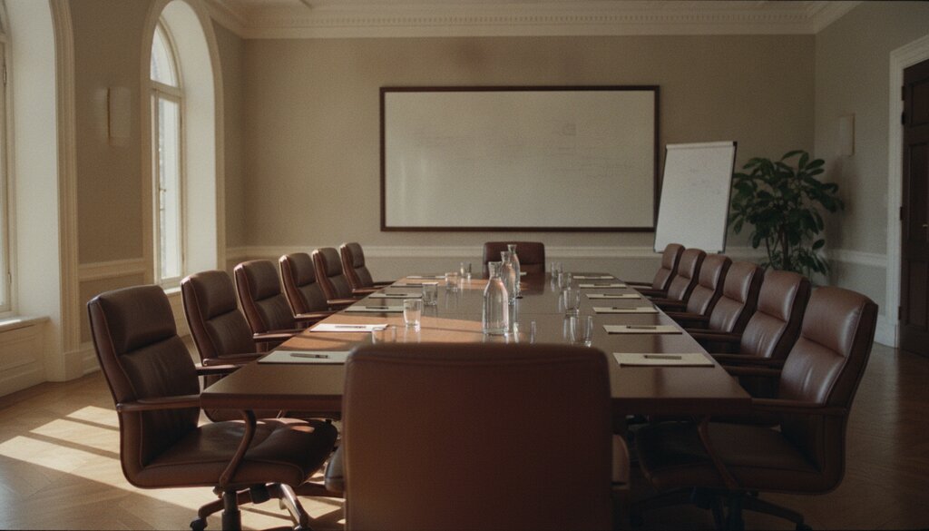 Lange vergadertafel in een zonnige bestuurskamer