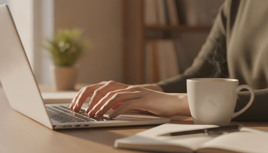 Handen typen op een laptop in een rustige werkplek
