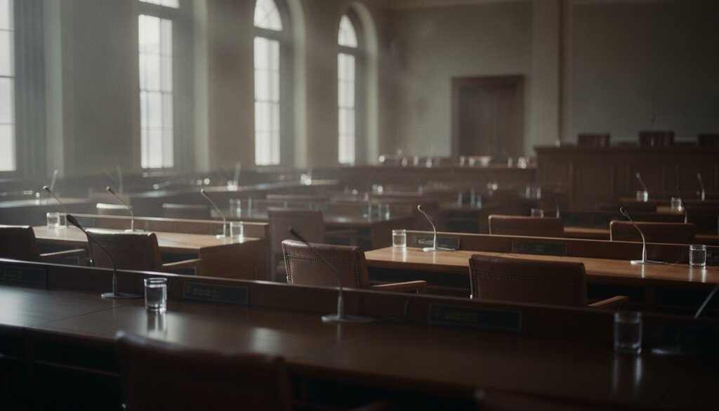 Lege commissiezaal met microfoons voor een hoorzitting over AI-wetgeving