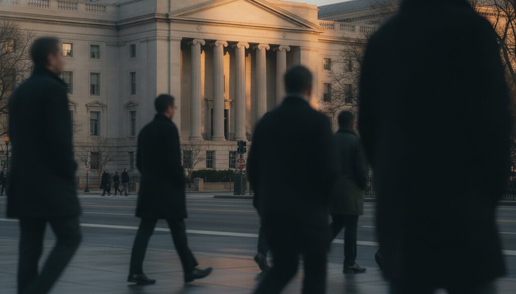 Overheidsgebouw met zuilen in Washington, voorbijgangers op straat
