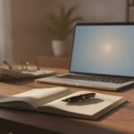 Bureau van een schrijver met notitieboek, pen en laptop in ochtendlicht