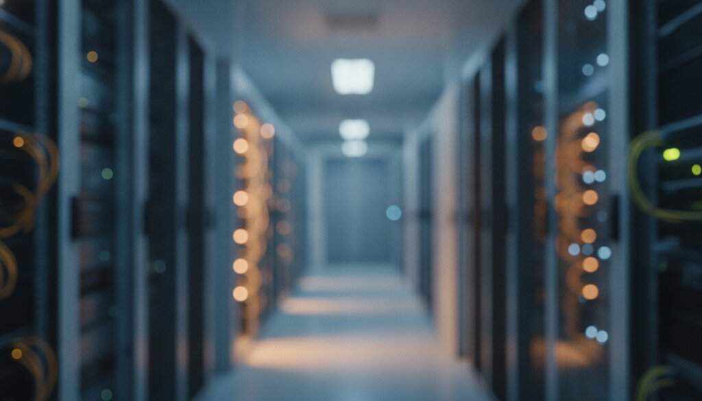 Serverruimte met rijen hardware in zacht blauw en warm licht