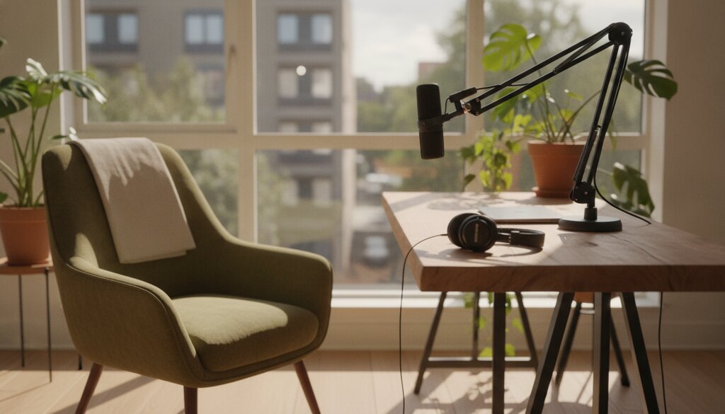 Lege podcasthoek met microfoonarm en koptelefoon op een houten tafel bij daglicht