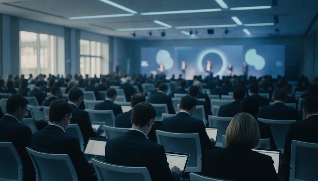 Zaal met deelnemers tijdens een internationale AI-conferentie met blauw sfeerlicht