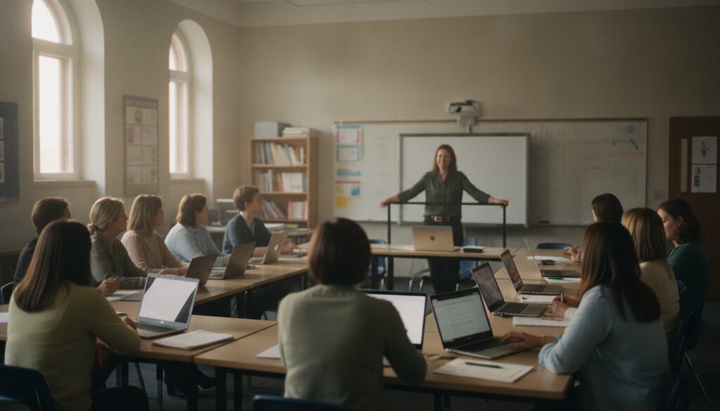 Docenten volgen een training met laptops in een klaslokaal