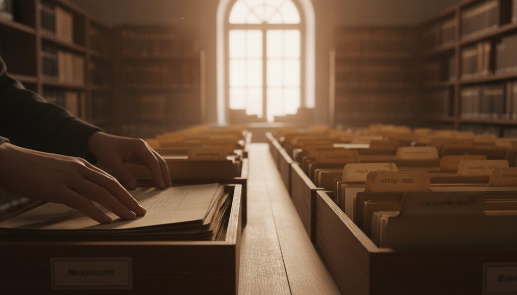 Archivaris sorteert mappen met documenten in een archiefruimte