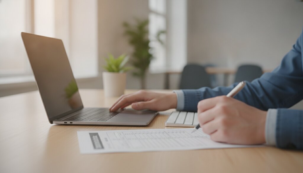Iemand loopt aan een bureau een compliance-checklist na op een laptop