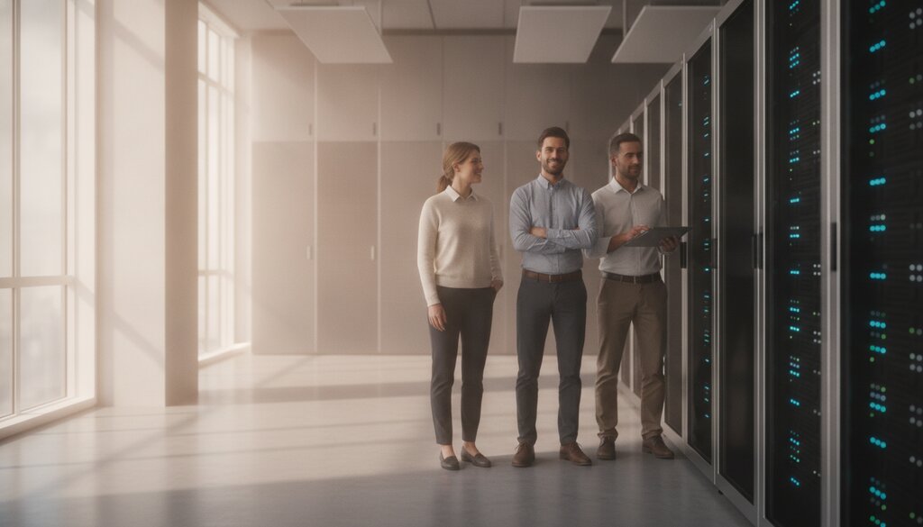 Technici controleren serverracks in een licht datacenter