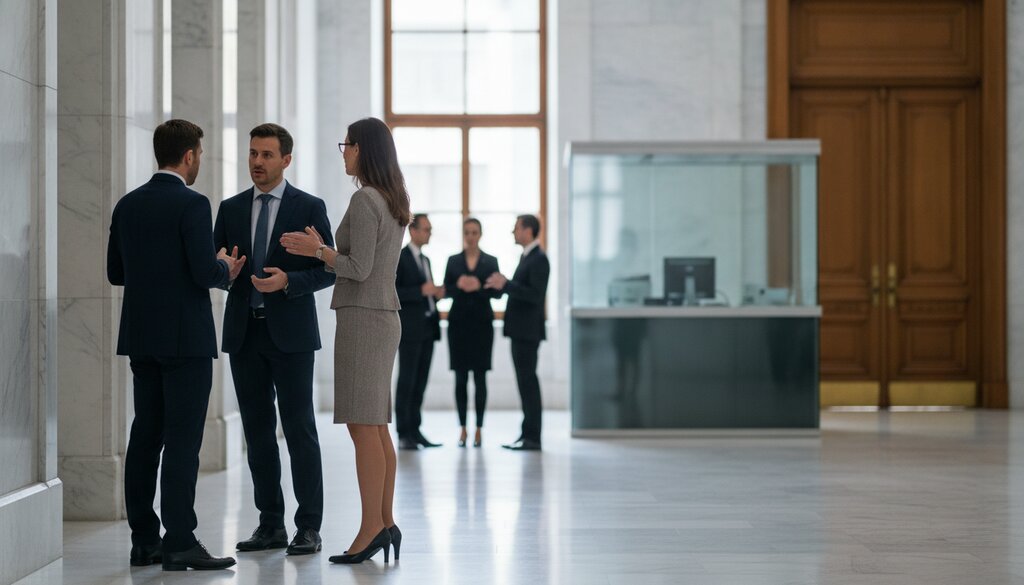 Diplomaten en bestuurders in gesprek op een gang buiten een conferentiezaal