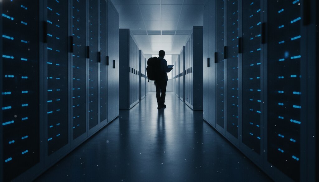 Technicus loopt door een schemerige datacentergang met verlichte serverracks