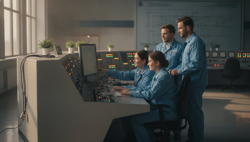 Technici controleren samen veiligheidspanelen in de controlekamer van een energiecentrale