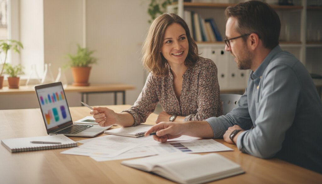 Twee onderzoekers bespreken aantekeningen aan een tafel in een lab