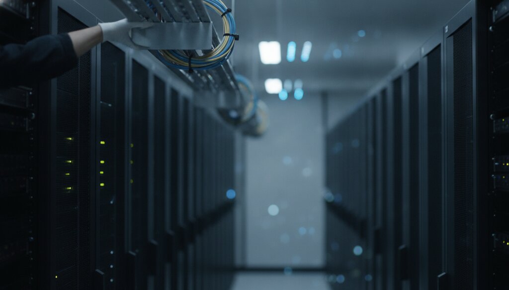 Technicus bij een serverrack in een rustig datacentrum