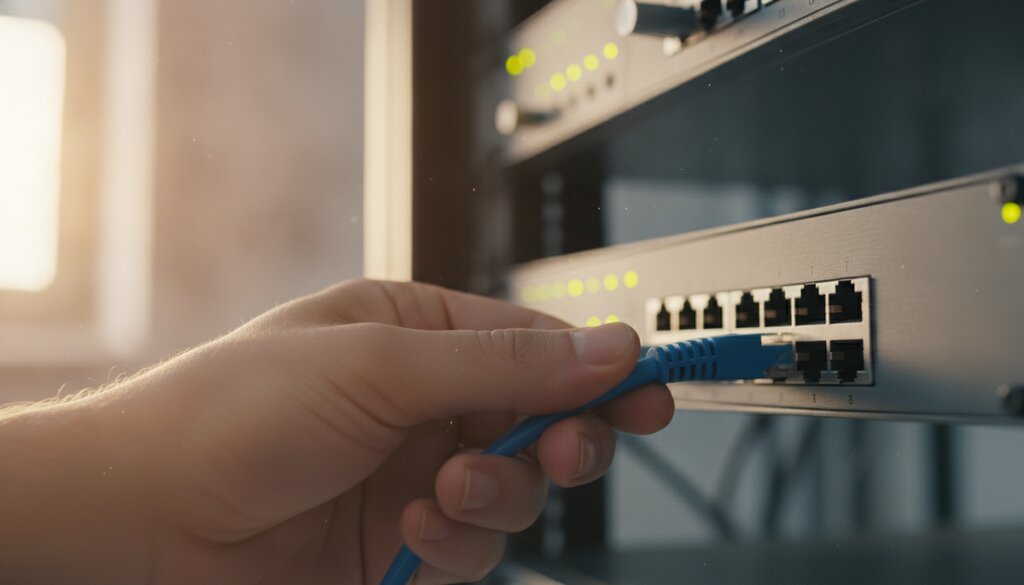 Hand trekt een netwerkkabel uit een switch in een testlab