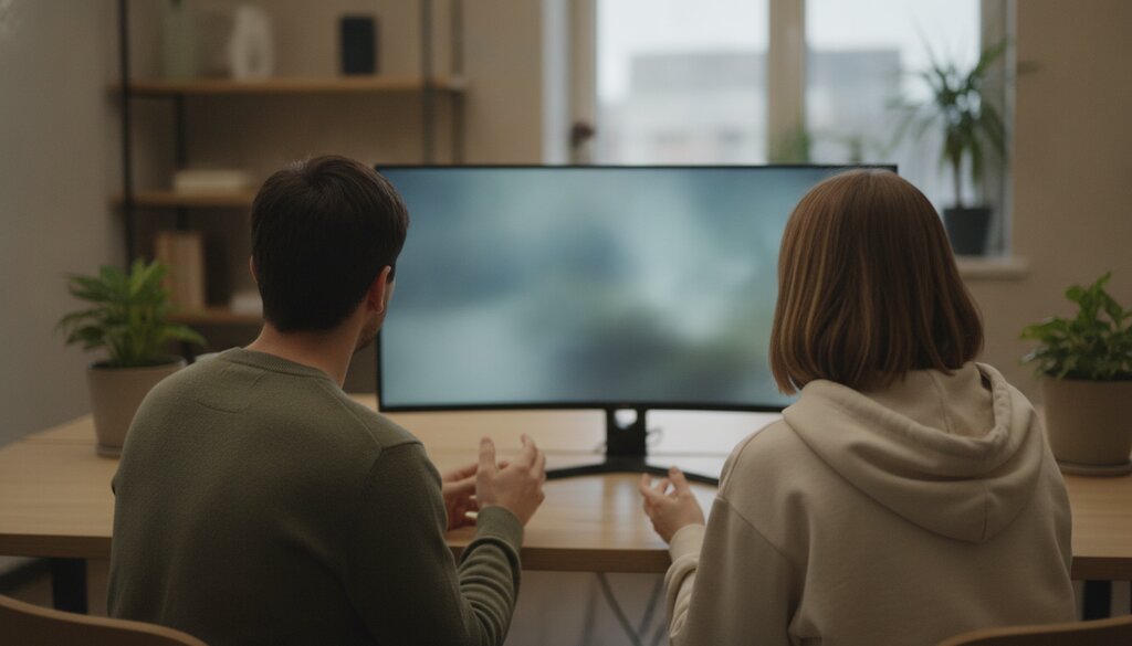 Twee onderzoekers bekijken samen data op een beeldscherm in een kantoor