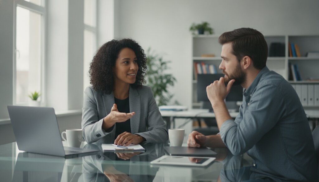Twee onderzoekers bespreken testresultaten aan een tafel in een licht kantoor