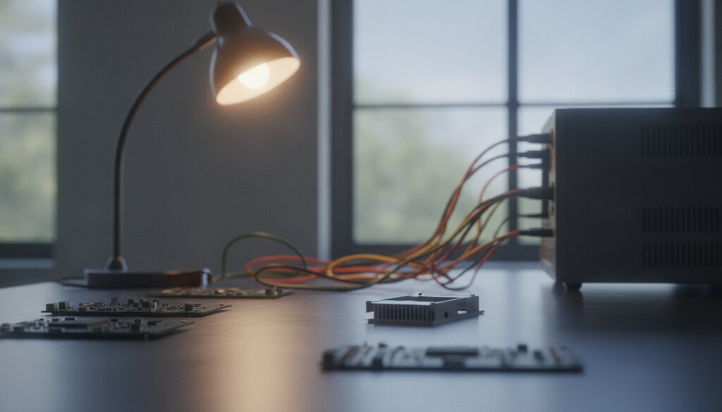 Werkbank in een laboratorium met computerhardware en kabels in zacht licht