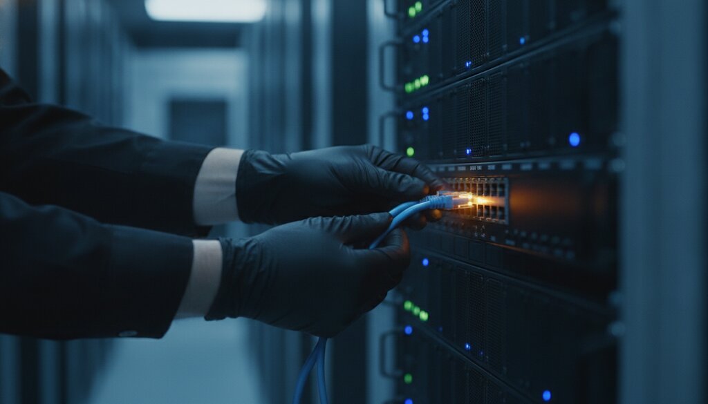 Technicus sluit een netwerkkabel aan op een patchpaneel in een serverruimte