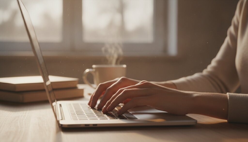 Handen typen op een laptoptoetsenbord bij warm ochtendlicht