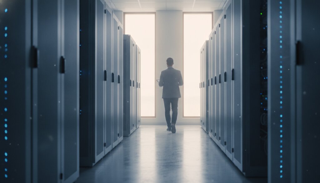 Engineer met tablet loopt door een gang in een serverruimte