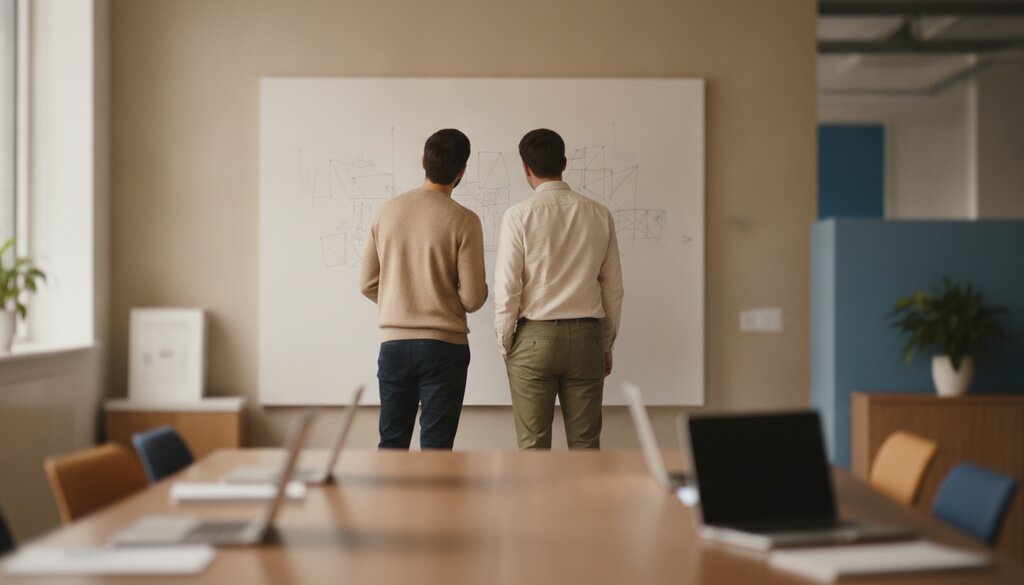 Twee onderzoekers bij een whiteboard met schematische tekeningen in een stil kantoor