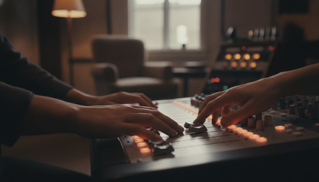 Handen bedienen de faders van een mengpaneel in een geluidsstudio