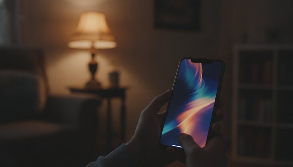 Handen houden een smartphone vast met een kleurrijke AI-gegenereerde video, warm avondlicht