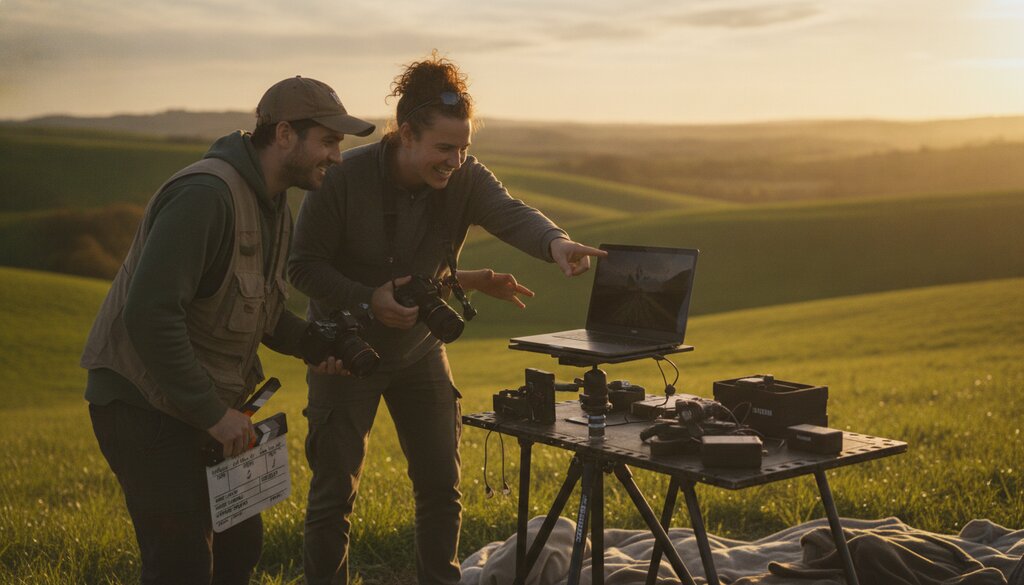 Filmploeg bekijkt bij zonsondergang beelden op een laptop in een glooiend landschap
