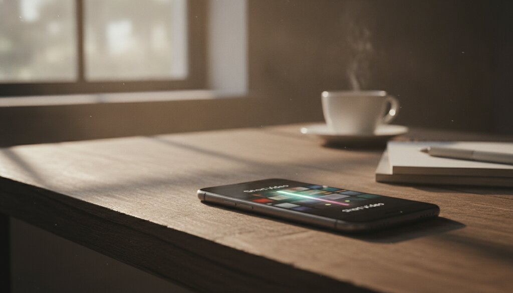 Smartphone op bureau toont een korte video die wordt gegenereerd, ochtendlicht