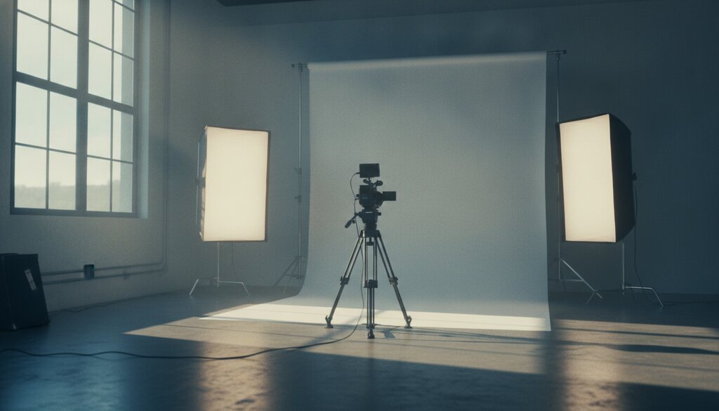Lege filmset met camera op statief en uitgeschakelde lampen