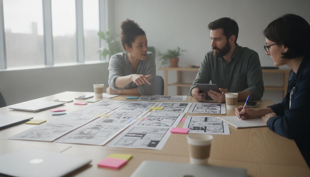 Klein filmteam bespreekt een storyboard met geprinte frames op tafel