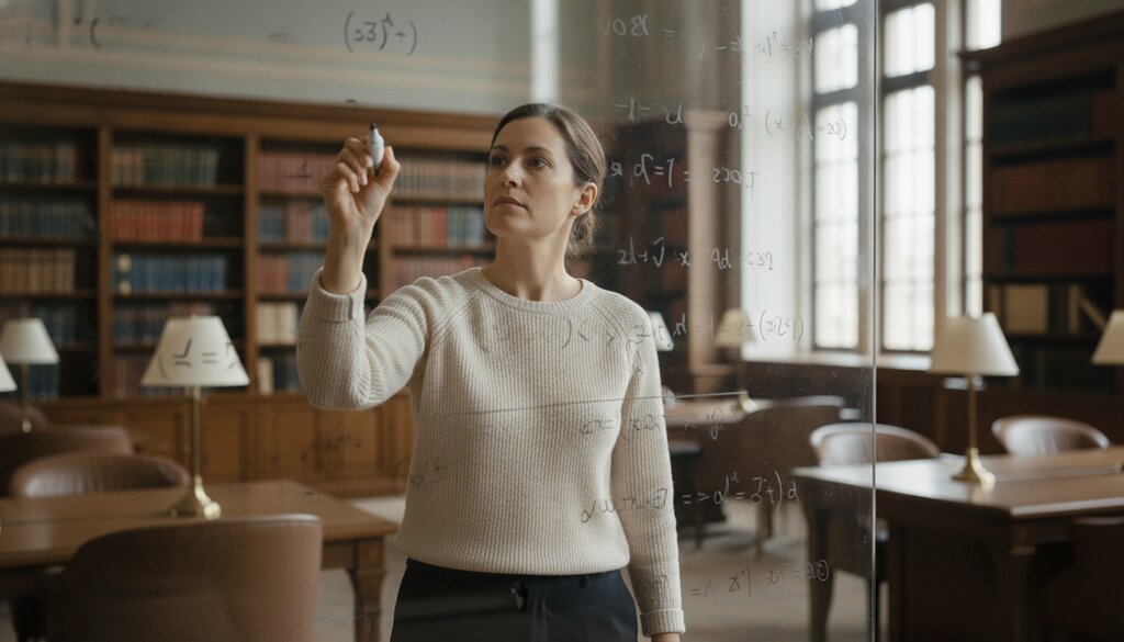 Onderzoeker schrijft vergelijkingen op een glazen whiteboard in een bibliotheek