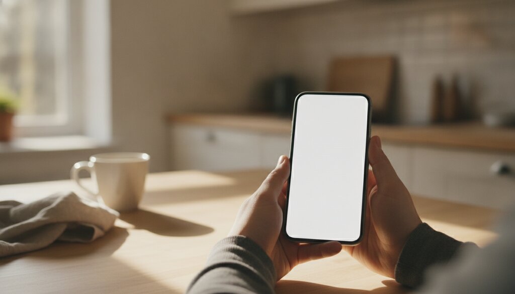 Handen houden een smartphone met een chatapp vast aan een keukentafel