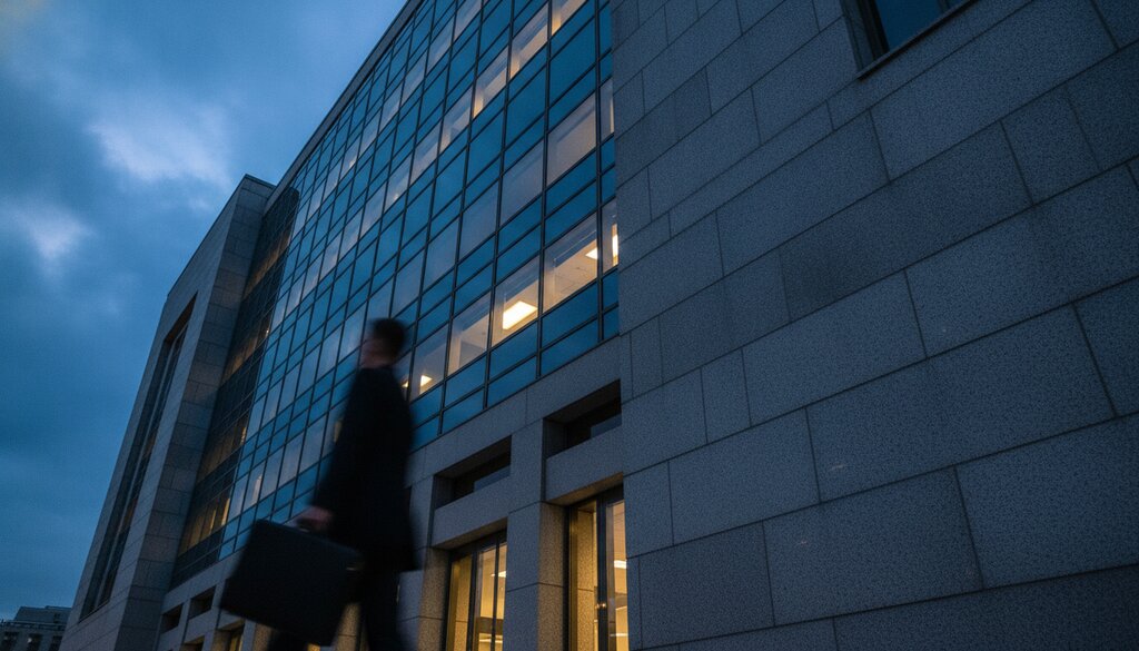 Overheidsgebouw in de schemering met enkele verlichte ramen en een voorbijganger op de voorgrond