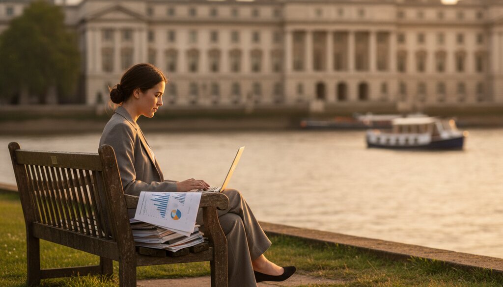 Beleidsonderzoeker met laptop en documenten aan de Theems bij Westminster
