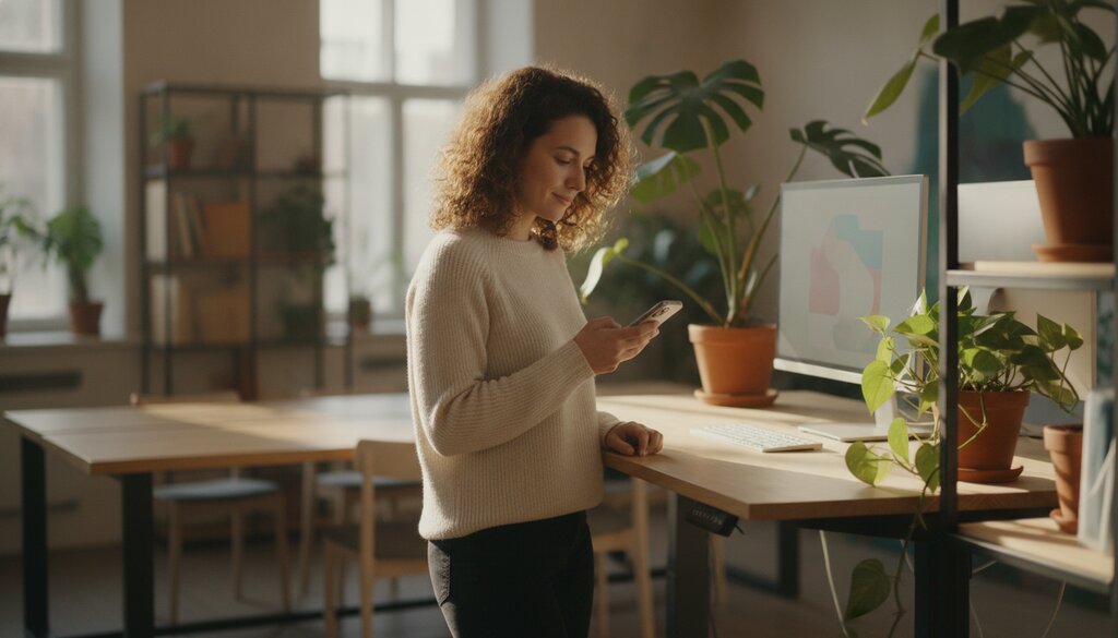 Vrouw werkt met een AI-assistent aan een sta-bureau in een flexwerkplek