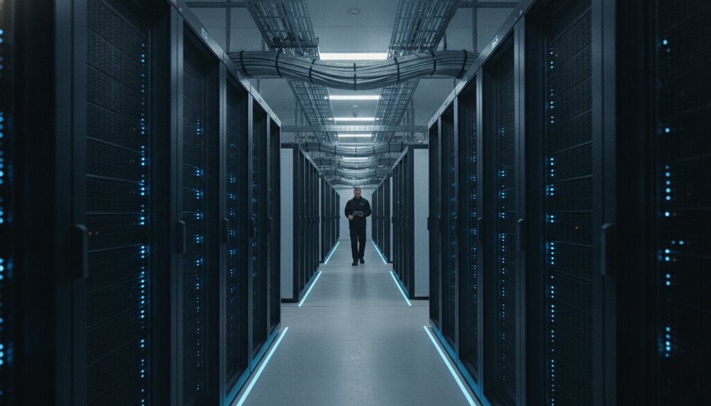 Gang in een datacenter met rijen donkere serverkasten en blauwe verlichting