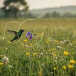 Kolibri die zweeft naast een bloem in een Europese weide