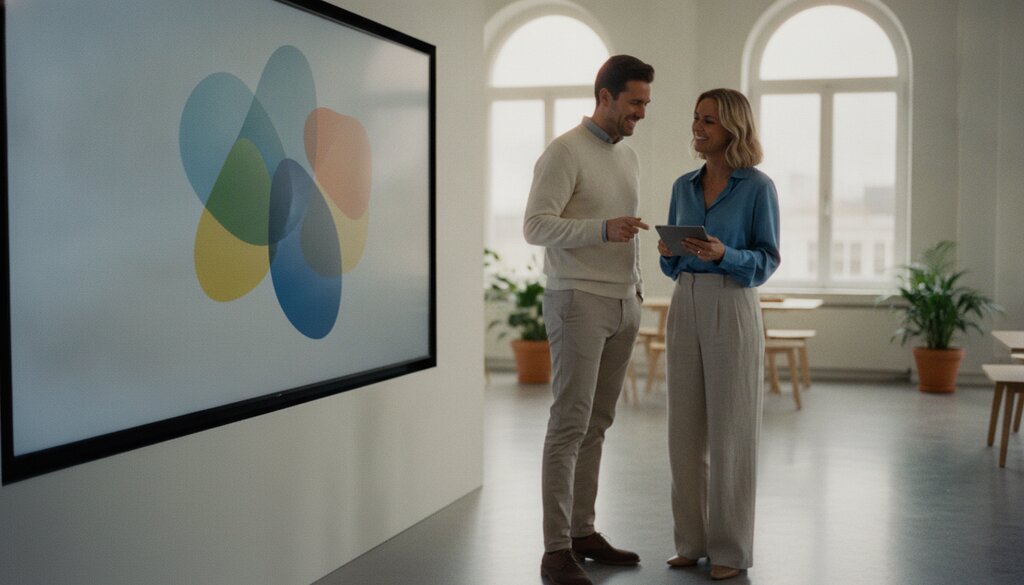 Twee collega's bespreken een project op een groot scherm in een kantoor