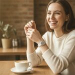 Vrouw in een café met een eenvoudig AI-polsbandje om haar pols
