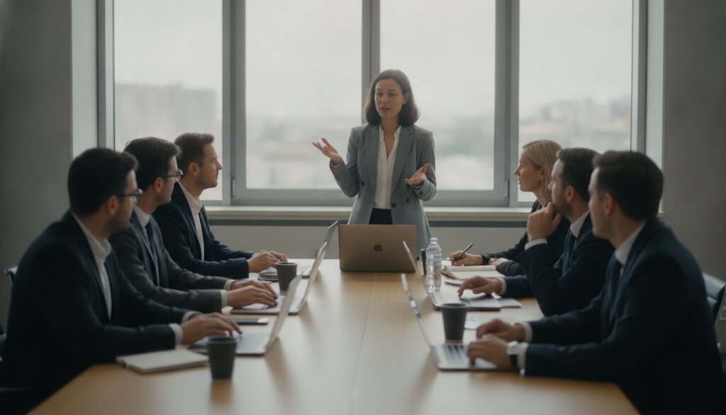 Ambtenaren volgen een AI-training rond een vergadertafel met laptops