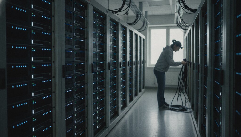 Onderzoeker bij rekennodes in een universitaire serverruimte