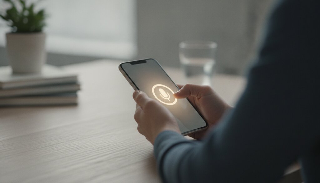 Handen bedienen een spraakassistent op een smartphone aan een bureau