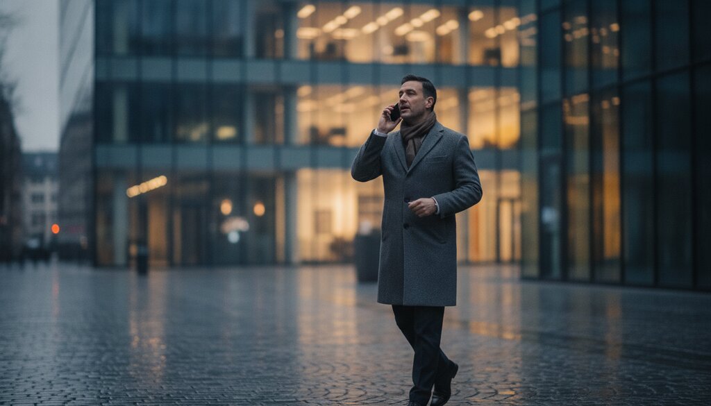 Voorbijganger spreekt in een smartphone op straat in de schemering